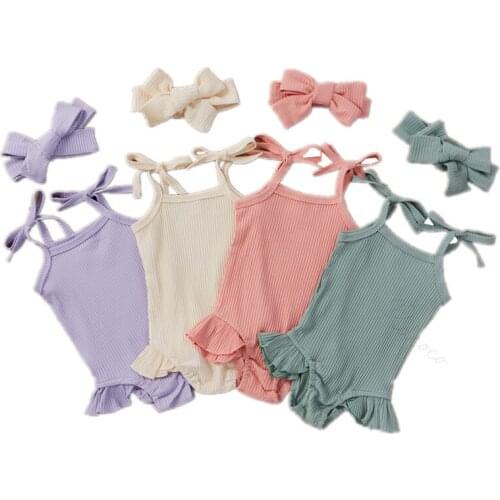 Baby Girls Summer Clothes Outfits Solid Color Sleeveless Self Tie Strap Ruffle Romper Jumpsuit Headband Set