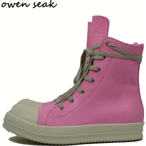 Owen Seak Women Motorcycle Leather Men High-TOP Luxury Mid-Calf Winter Riding Boots Lace Up Casual Brand Zip Flats Black Shoes