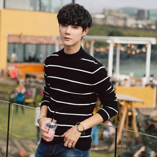 MRMT 2021 Brand New Mens Sweater Half High Collar with Velvet Thickening Sweater Knit Young for Male Stripes Fashion Sweater