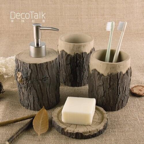 Deco Talk Resin Bathroom Accessories Set 4pcs Pine Nuts Tree Trunk Rural Decoration Imitating Plants Vallitic Brown Home Decor