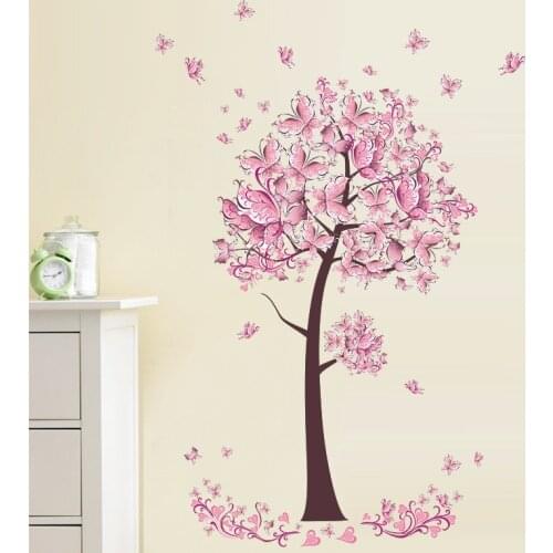 Pink Butterfly flower tree wall sticker Living Room Bedroom Wall Decal TV Sofa Background Home Decor Mural Wallpaper