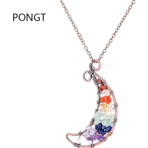 Natural stone Crushed reiki 7 Chakra Pendant Life Tree healing stones Wire Wrap quartz necklace Crescent Moon Pendant jewelry
