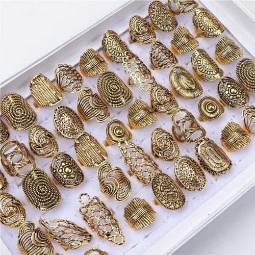 Wholesale Bulk 20pcs/Lots Vintage Carved Flower Metal Golden Plated Rings For Women Jewelry