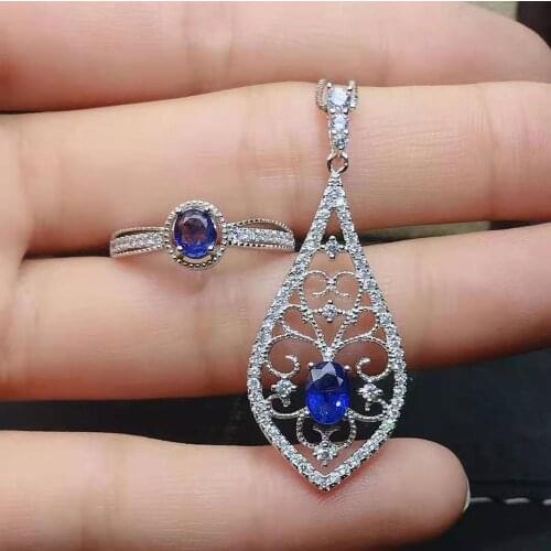 Natural Sapphire S925 Leaf Type Ring Pendant Necklace Set Charming Fine Fashion Jewelry for Women Free Shipping MeibaPJFS