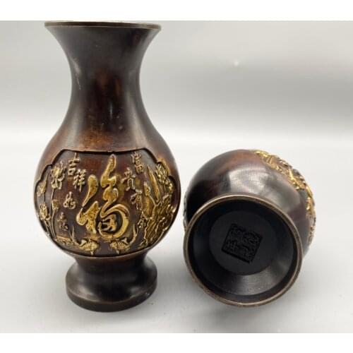 Pair of China home decoration Vintage Brass copper Gilding FU FO word Ornamentation metal crafts Ornaments Vase