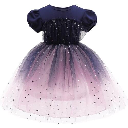 Girls Dress 2021 Summer 2 3 4 5 6 7 8 9 10 Years Princess Cotton Puff-Sleeve Puffy Dress Sequin Starry Sky Net Yarn Party Dress