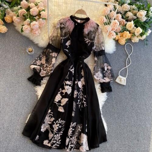 Womens spring summer runway fashion shiny sequins dress female sexy flower embroidery mesh party dress TB1416