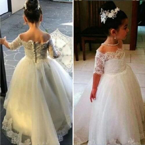 Princess Flower Girls Dresses For Weddings Half Sleeves White Off the Shoulder Girl Dresses Lace Appliques Kids Party Gown