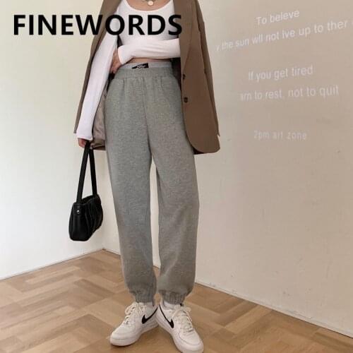 FINEWORDS Casual Elastic Waist Gray Sweatpants Korean Loose Harem Joggers Women Solid Steampunk Streetwear Vintage Baggy Pants