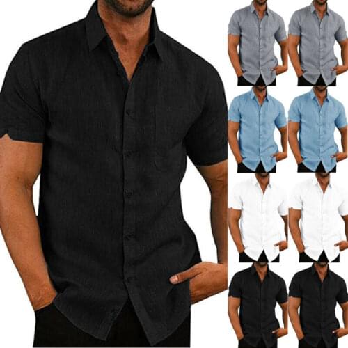 Mens Linen Blouse Short Sleeve Baggy Buttons Summer Solid Comfortable Pure Cotton And Linen Casual Loose Holiday Shirts Tee Tops
