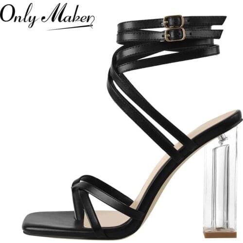 Onlymaker Square Open Toe For Women Sandals Flip Flops Matte Black Transparent Square Heel Ankle Buckle Cross Strap 2021 Fashion