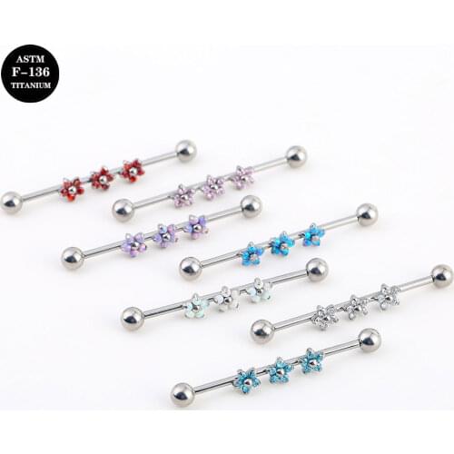 14G Implant Grade Titanium ASTM F136 Internal Thread Long Bar Ear Tragus Cartilage Industrial Piercing Opal Flower Stud Ear Ring