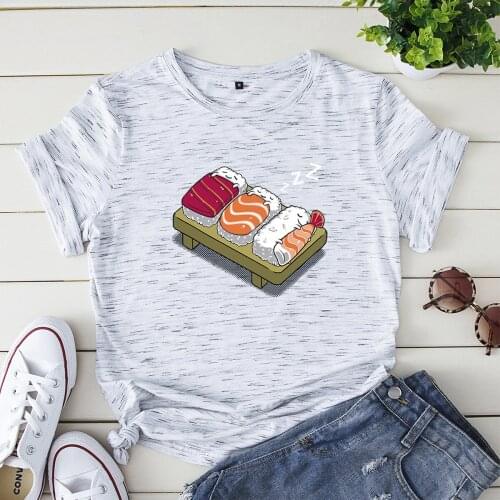100% Cotton Sweat-absorbing breathable Women Sushi Print T Shirts Base O-Neck Short Women Tshirt White Tee Food girls Shirt