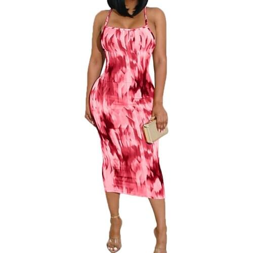 Women Tie Dye Spaghetti Strap Dress Female Slim Bodycon Mid Dresses Fashion Sheath Pencil Vestidos Tie Dying Summer Dress