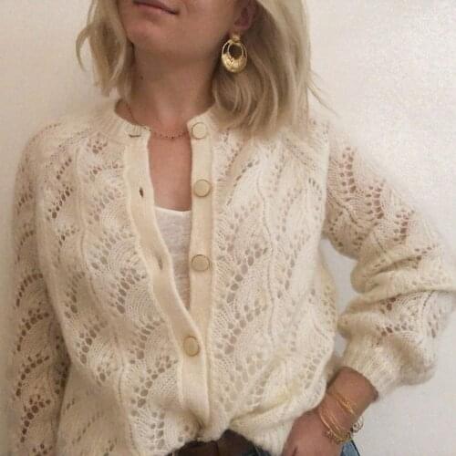 Chic Knitting Jumper Women Autumn Winter Puffed Sleeve O neck Mohair Wool Casual Sweater Vintage Cardigan 2021 Femme