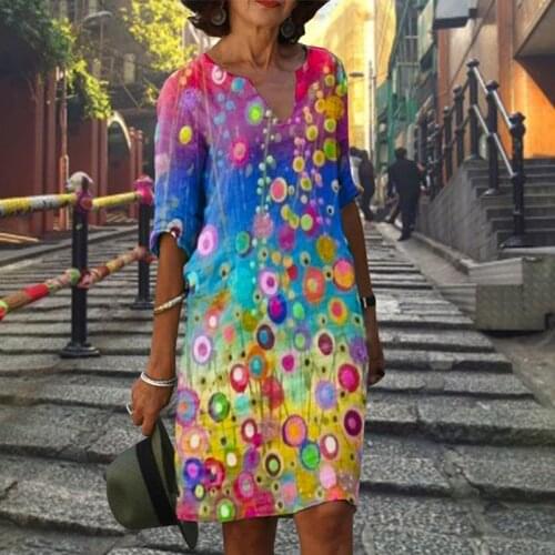Vintage Floral Printing Women Dress Summer V-Neck Half Sleeve A-Line Dresses Fashion Casual Loose Dresses Plus Size Vestidos