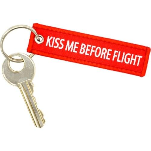 1piece size7.7*2cm Key chains KISS ME BEFORE FLIGHT for Aviation tag Woven label Keychain car