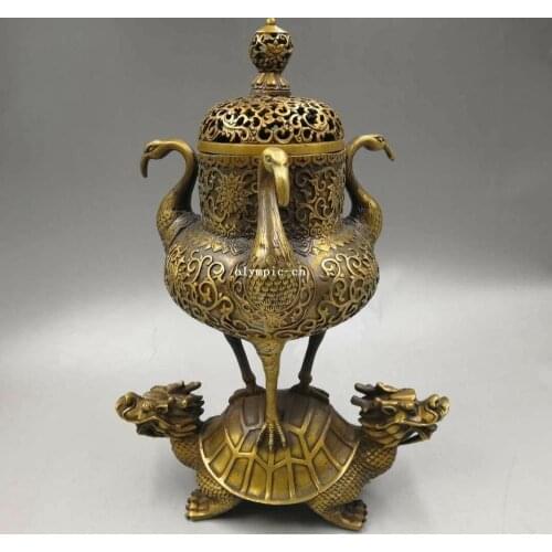 12'' brass copper carved both dragon turtle three crane censer statue