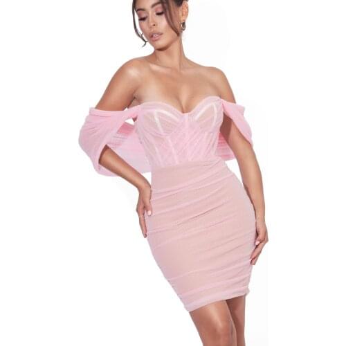 2021 Sexy Off Shoulder Transparent Mesh Short Sleeve Strapless Mini Bandage Dress Women Sexy Night Club Party Dresses