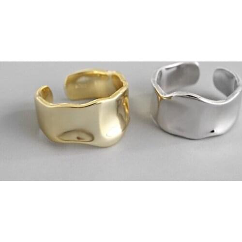 925 Sterling Silver Trendy Irregular Concave And Convex Openings Adjustable Fold Ring Wave Wide Face Womens Accessories