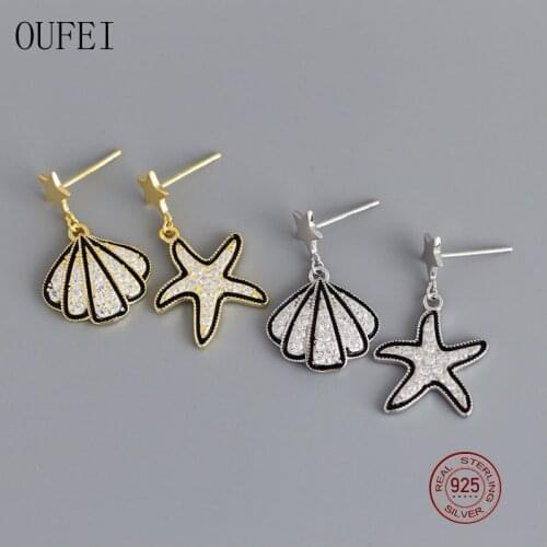 925 Sterling Silver Small Drop Earrings For Women Elegant Shell Starfish Earrings Star Rhinestone Delicate Earrings Jewelry