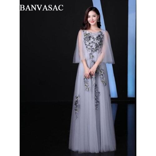 BANVASAC 2018 O Neck Illusion Sleeve A Line Long Evening Dresses Party Lace Appliques Zipper Back Tulle Prom Gowns