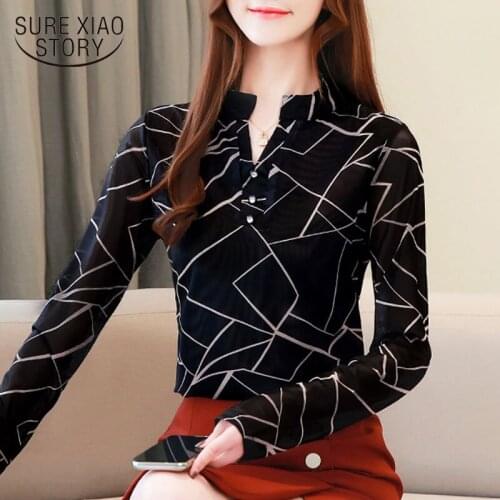 Blusas Mujer De Moda 2021 Chiffon Blouse Shirt Black Long Sleeve Top Koren Button Geometric V-Neck Ladies Tops Plus Size 8117 50