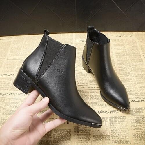 Brand Metal pointed toe boots woman british chunky short botines warm plush fur shoes winter leather elastic riding booties 2020