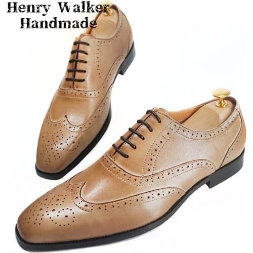 Luxury Oxford Brogue Shoes Fashion Wing Tip Khaki Black Lace Up Sqare toe Wedding Office Formal Men Dress Shoe Leather Shoes Men