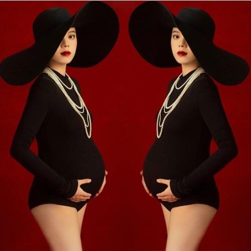 Black Maternity Dresses For Photo Shoot Hat Pregnancy Photo Shooting Dress Pregnant Women Clothes Long sleeves