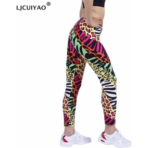 LJCUIYAO Colored Striped Leopard Print Leggings Women Workout Gym High Waist Fitness Pants Knitted Sports Breathable New Bottom