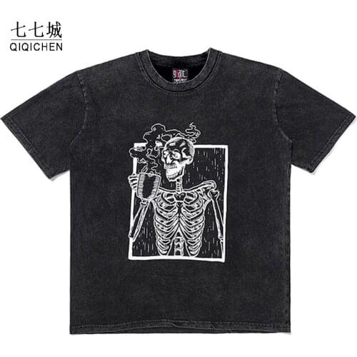 Hip Hop T Shirt Men Skeleton Vintage Gothic Graphic Tees Men Streetwear High Street Oversized Tshirts Skulls Men Tops Tees 2021