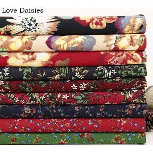 Cotton/Linen Ethnic NEW DARK BLUE RED GREEN Big Small Flower Trees Fabrics for Apparel Dress HomeDecor Tablecloth Cushion Tissue