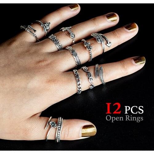 HONGTU 12Pcs Alloy Adjustable Open Ring Set Wholesale Gothic Rose Skull Swords Rings Punk Anillos Mujer Ring Sets Punk Jewelry
