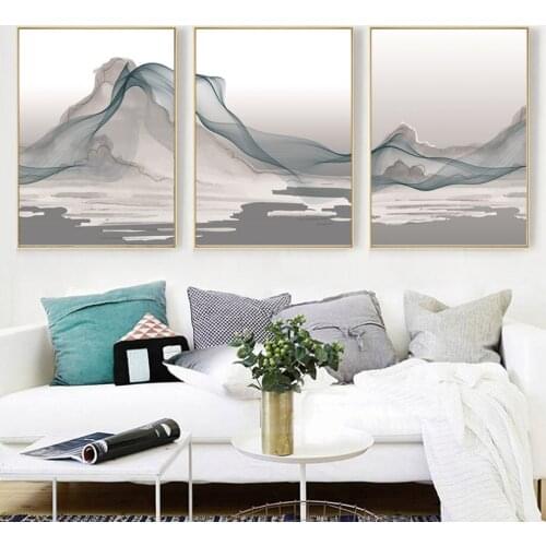 Customized Abstract Gray Minimalist Ocean Wave Canvas Printing Nordic Style Modern Home Frameless Decoration Poster