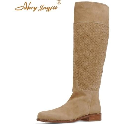 Women Winter Snow Brown Suede Round Toe Flat Heels Knee High Boots Shoes for Woman Casual Zapatos Botas Mujer Plus Size 4-16