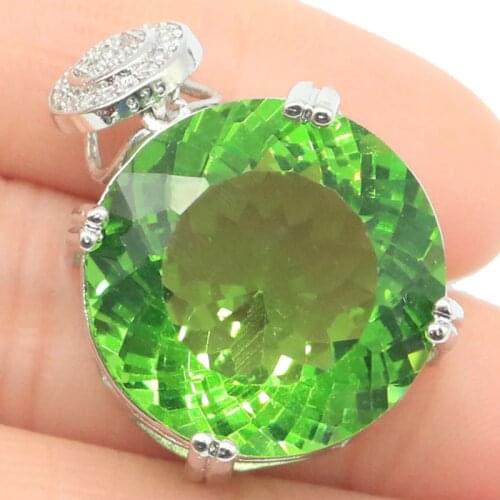 SheCrown Big Round Gemstone 20x20mm Created Green Tsavorite Garnet White CZ Silver Pendant 30x20mm