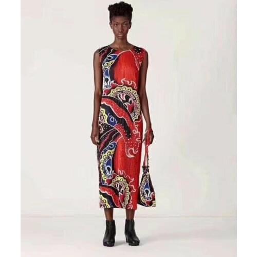 HOT SELLING Miyake fashion fold chinese style print sleeveless o-neck straight dress IN STOCK