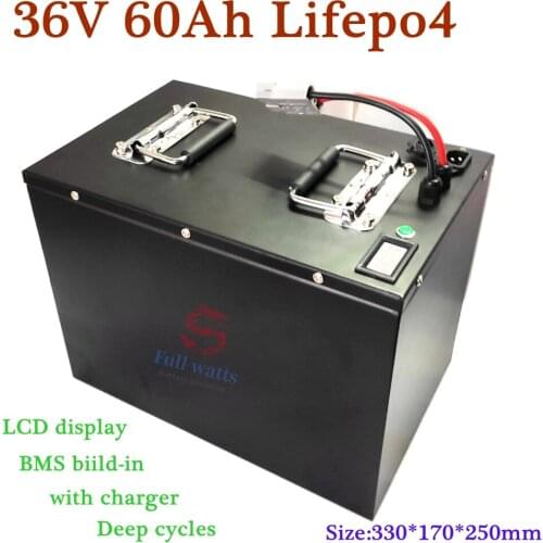 Metal case deep cycle lifepo4 36V 60ah battery with BMS for scooter bike Tricycle Solar backup power golf cart +10A charger