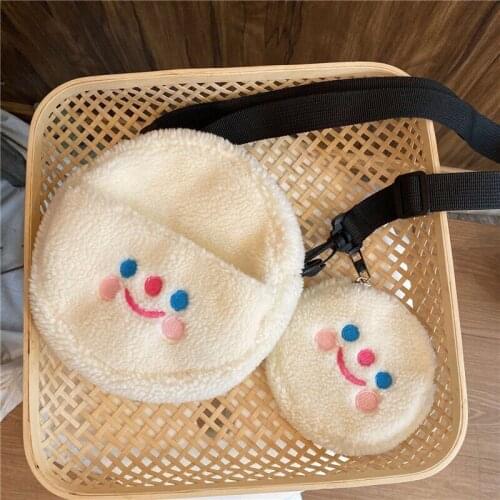 Cute Smiling Face Crossbody Bag Coin Key Storage Bag Cosmetic Sundries Bag Embroidered Lambswool Zipper Round Purse Storage Bags
