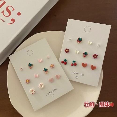 Fashion S925 Japanese Cute Strawberry Girl Heart Soft Girl Earrings Set Sweet and Romantic New Trend Cherry Butterfly Earrings