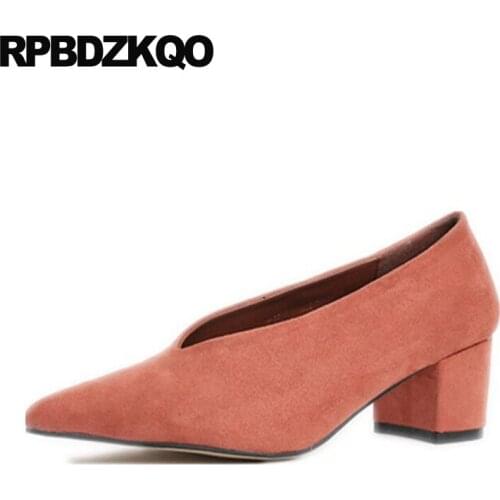 Chunky Red Thick Pointed Toe Luxury Casual Shoes Women Medium Heels Gray Block Size 4 34 Black Pumps 2021 Slip On Fashion Suede