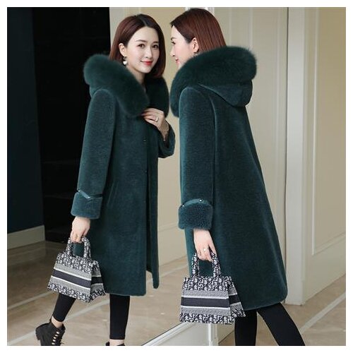 2020 New Winter Women Korean Real Fur Coat Female Natural Fox Fur Collar Hooded Genuine Sheep Shearling Long Overcoats H278