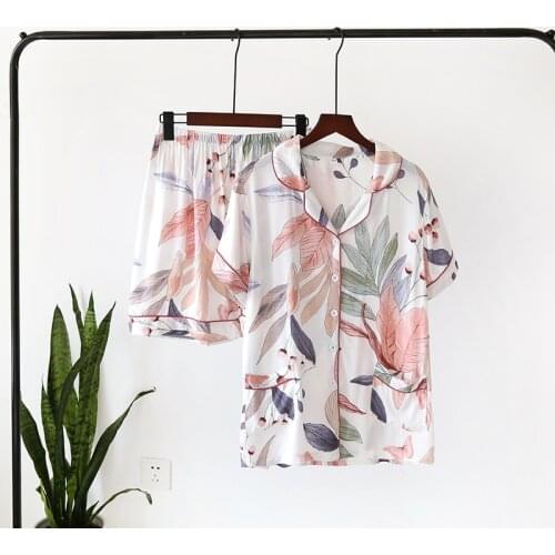 100% Cotton Pyjamas Women Short Sleeves Shorts Pajama Sets Ladies Cute Flower Print Japanese Simple Sleepwear Homewear Pijamas