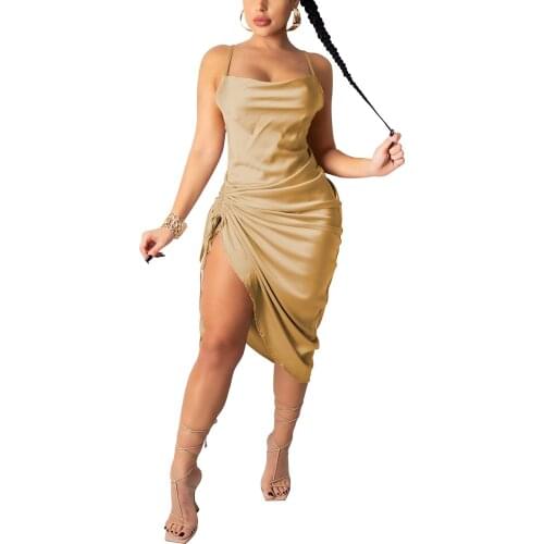 Puloru Women Ladies Suspender Satin Dress Sexy Side Drawstring Ruched Skinny Mid-length Dress Party Straps Irregular Sundress