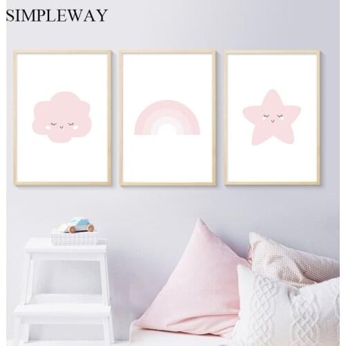 Pink Rainbow Star Nursery Wall Art Canvas Poster Nursery Print Painting Nordic Kids Decoration Picture Baby Girl Bedroom Decor