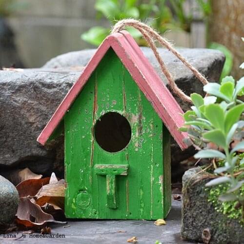 Hemp Rope Handle Nice Painting Shabby Chic Small Antique Wooden Bird House
