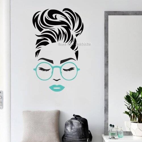 Beauty Salon Style Hair Salon Decals Woman silhouette Wall Stickers Custom Glasses + Lip Color Vinyl Wall Decal Haircut LC1726