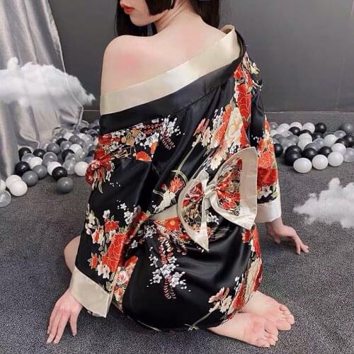 Japanese Kimono Cardigan Deep V Printing Sexy Suit Sexy Lingerie Womens Uniform Temptation Sleepwear Traditional Dress Robe