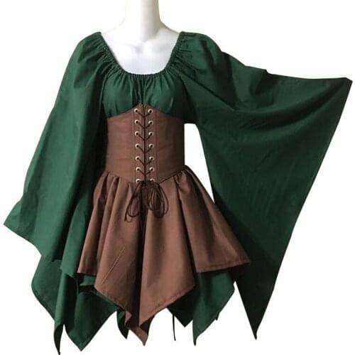 Victoria Medieval Costume Women Renaissance Vintage Palace Halloween Cosplay Full Sleeve Waist Bandage Ptachwork Dress Party